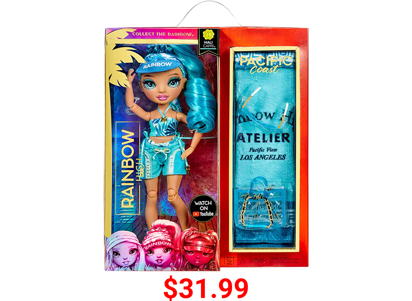 Rainbow High Pacific Coast Hali Capri (Blue) Fashion Doll with Pool Accessories playset, and Interchangeable Legs Feature. Great Gift for Kids 6-12 Years Old.