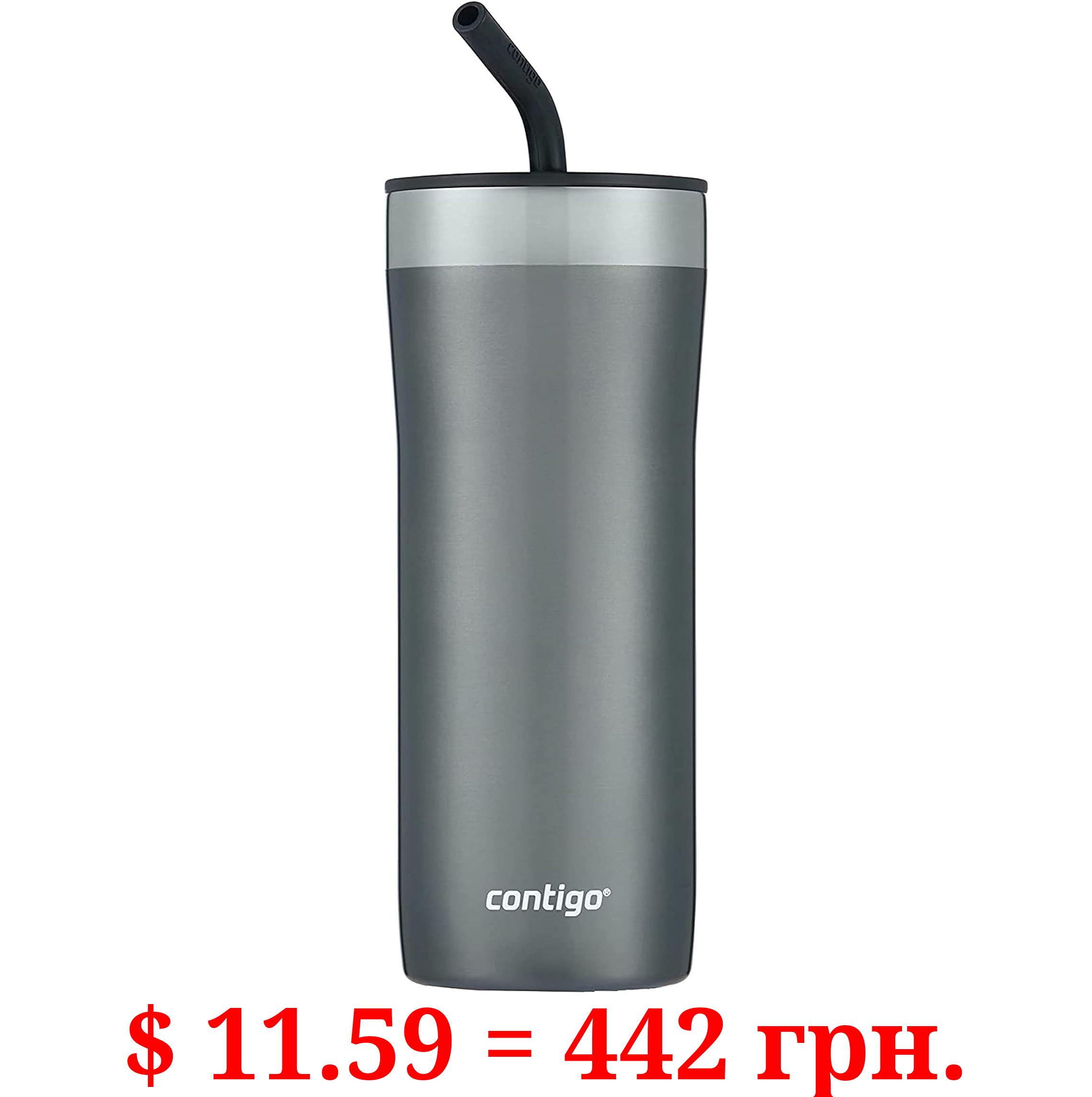 Contigo Streeterville Stainless Steel Vacuum-Insulated Tumbler with Straw and Splash-Proof Slider Lid, Keeps Drinks Hot up to 8hrs or Cold for 24hrs, Great for Travel/Work/School, 24oz Sake