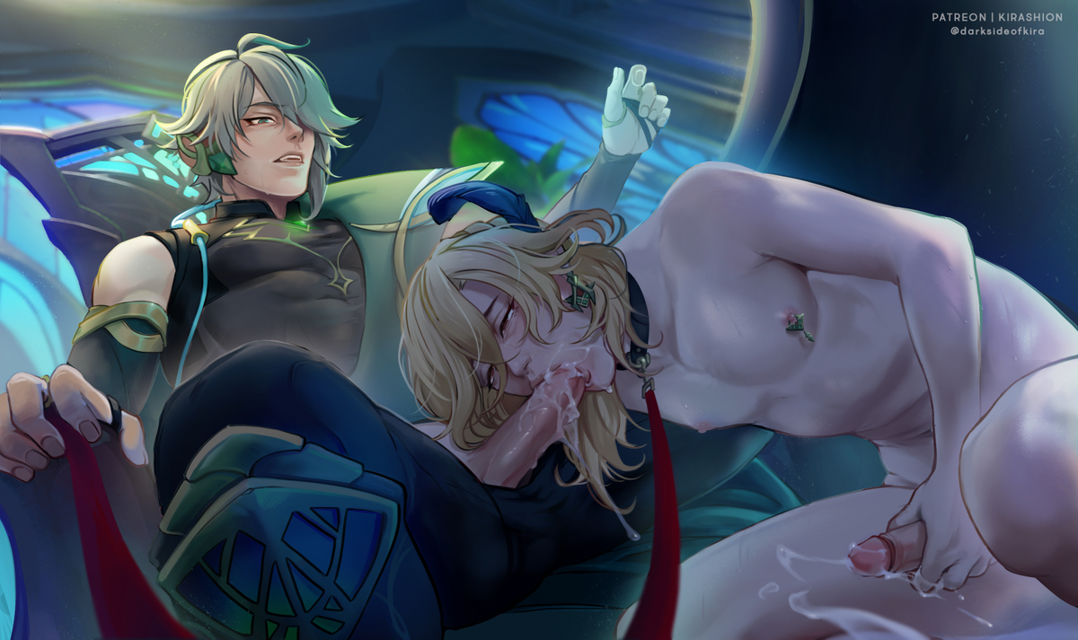 Kaveh's hands grip Alhaitham's shoulders in ecstasy