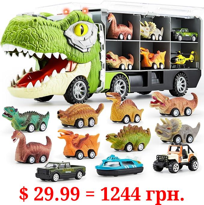 JOYIN 13 in 1 Dinosaur Toys for Kids 3-5, Dinosaur Truck with 12 Pull Back Cars, Dinosaur Cars Set, Birthday Gifts Toys for 3 4 5+ Year Old Boy, Transport Carrier Truck for Toddlers 2-4 Years