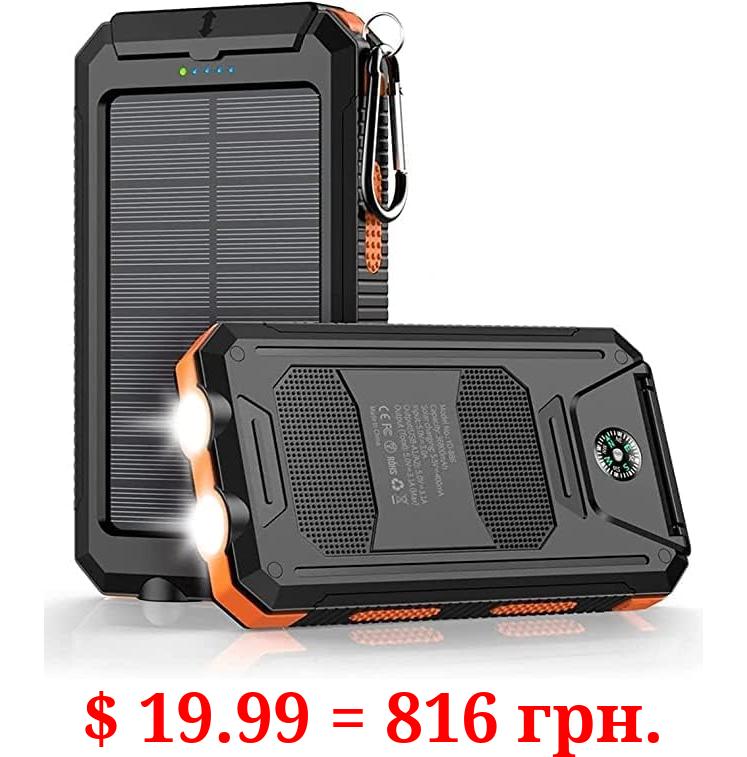Power-Bank-Portable-Charger-Solar - 36800mAh Waterproof Portable External Backup Battery Charger Built-in Dual QC 3.0 5V3.1A Fast USB and Flashlight for All Phone and Electronic Devices (Deep Orange)