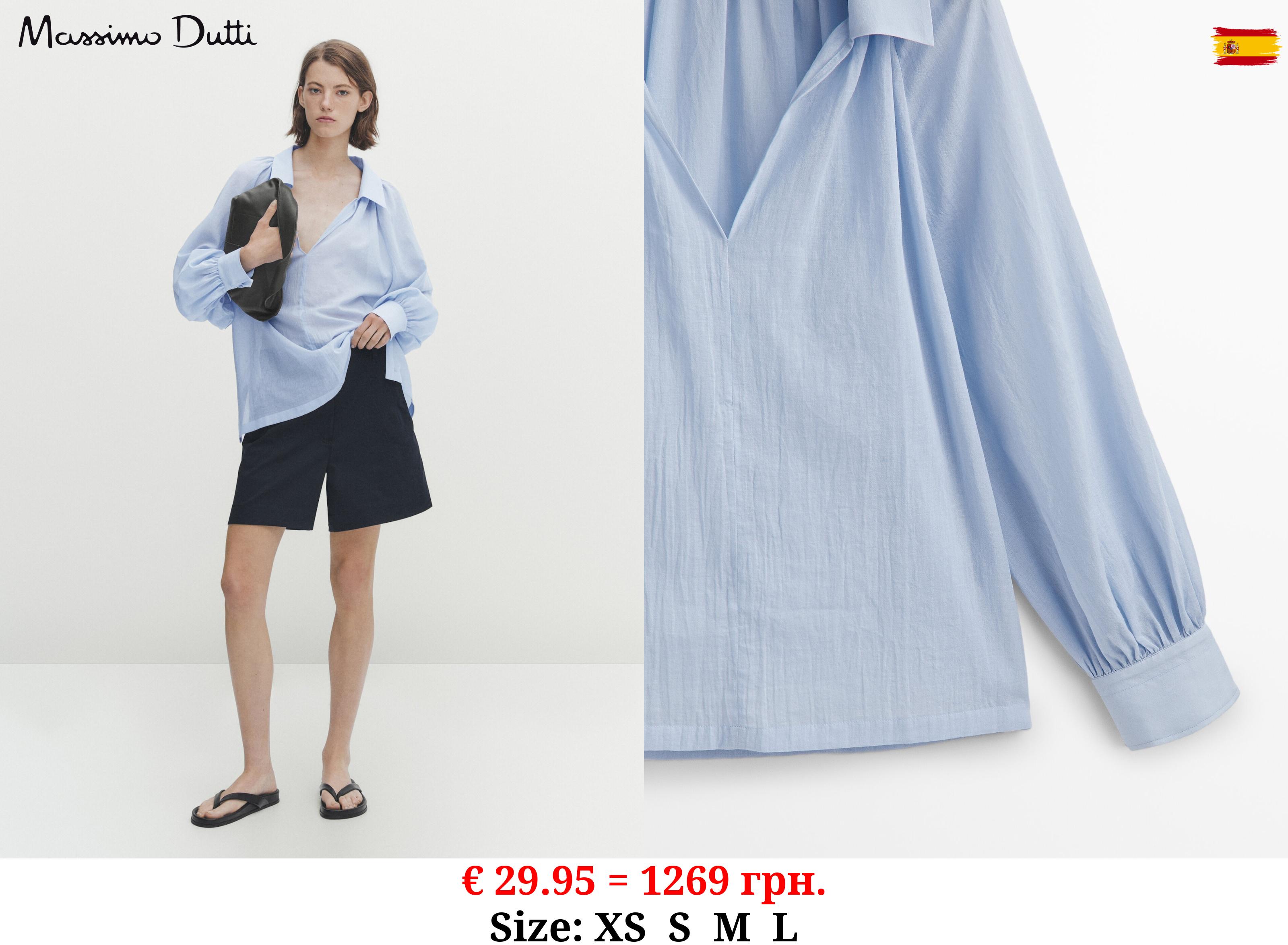 Cotton voile blouse with gathered details SKY BLUE