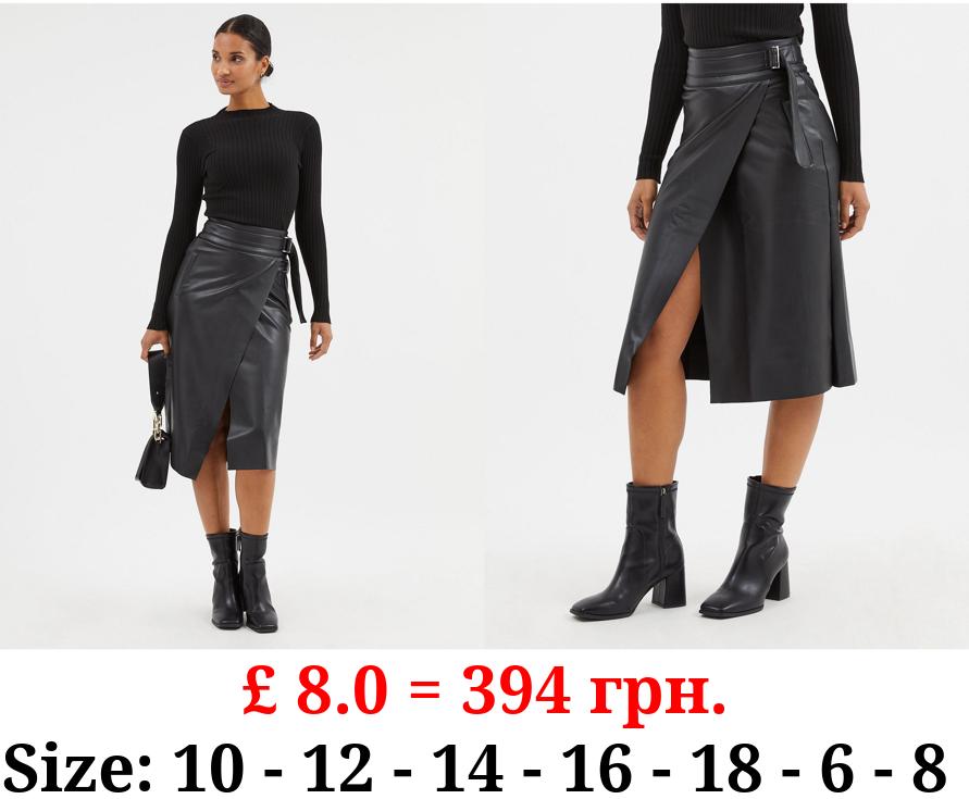 Black Leather Look Wrap Midi Skirt