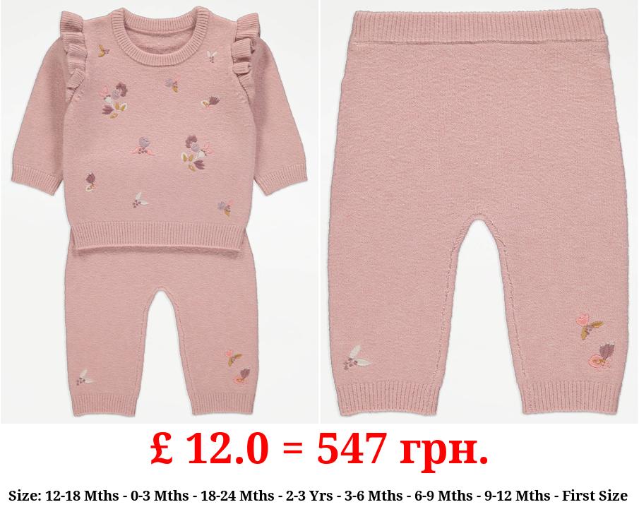 Pink Floral Embroidered Jumper and Trousers Outfit