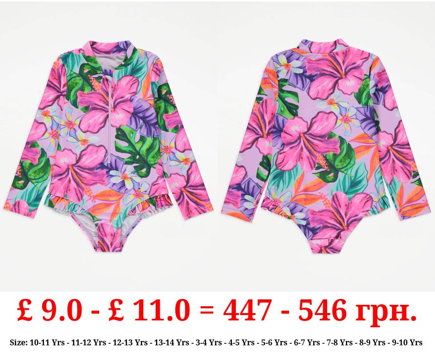 Bright Floral Long Sleeve Zip Front Swimsuit