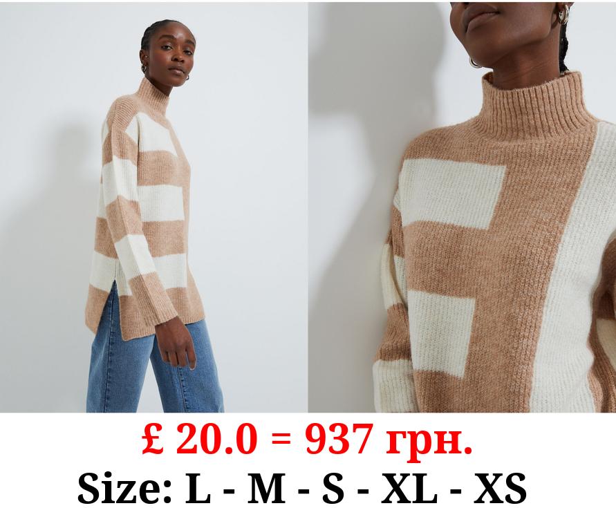 Neutral Striped Roll Neck Knitted Tunic