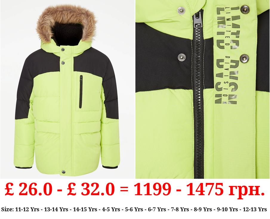 Lime Green Faux Fur Trim Hooded Padded Coat