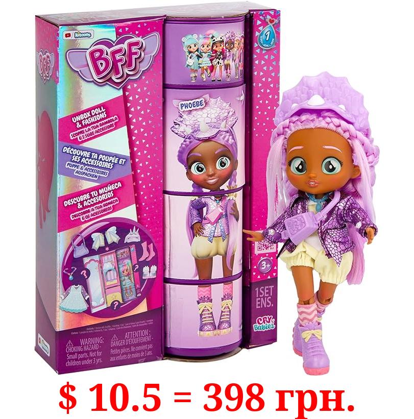 Cry Babies BFF Phoebe Fashion Doll with 9+ Surprises Including Outfit and Accessories for Fashion Toy, Girls and Boys Ages 4 and Up, 7.8 Inch Doll, Multicolor