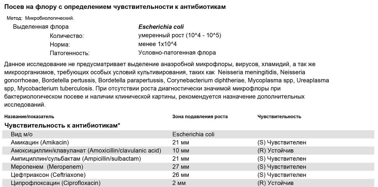 Посев на микрофлору и чувствительность к антибиотикам норма