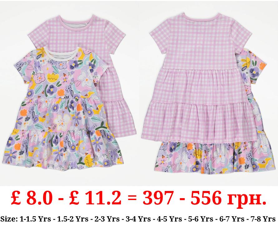 Purple Floral Gingham Tiered Dresses 2 Pack