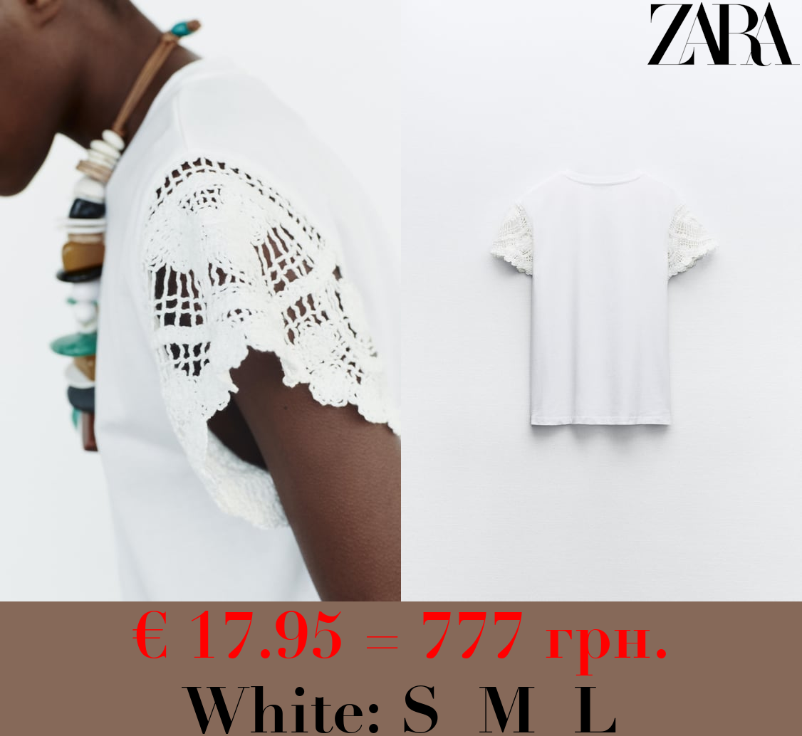 COTTON T-SHIRT WITH CROCHET SLEEVES