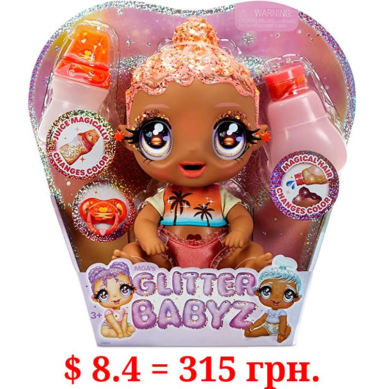 MGA'S Glitter BABYZ Solana Sunburst Baby Doll with 3 Magical Color Changes, Coral Pink Hair, Tropical Sunset Outfit, Diaper, Bottle, Accessories- Gift for Kids, Toy for Girls Boys Ages 3 4 5+ Years