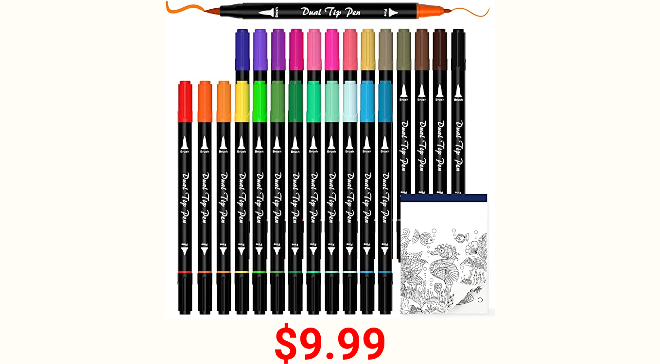 Dual Tip Brush Pens Art Markers, Shuttle Art 25 Colors Fine and Brush Dual Tip Markers Set with 1 Coloring Book for Kids Adult Artist Calligraphy Hand Lettering Journal Doodling Writing
