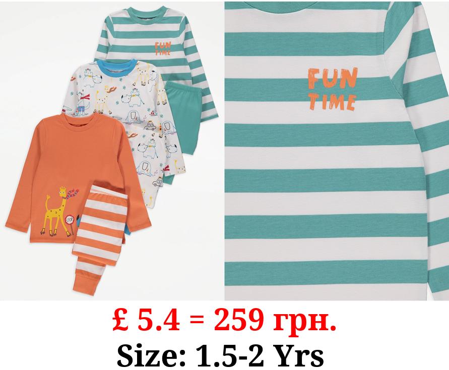 Striped Animal Long Sleeve Pyjamas 3 Pack