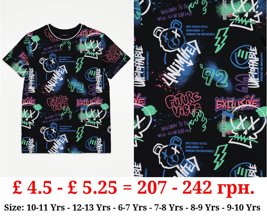 Black Graffiti Paint Splatter Graphic T-Shirt