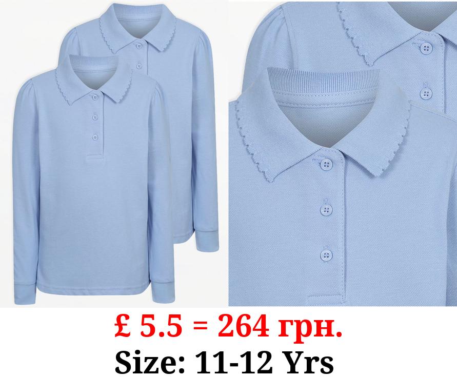 Girls Light Blue Scallop Long Sleeve School Polo Shirts 2 Pack