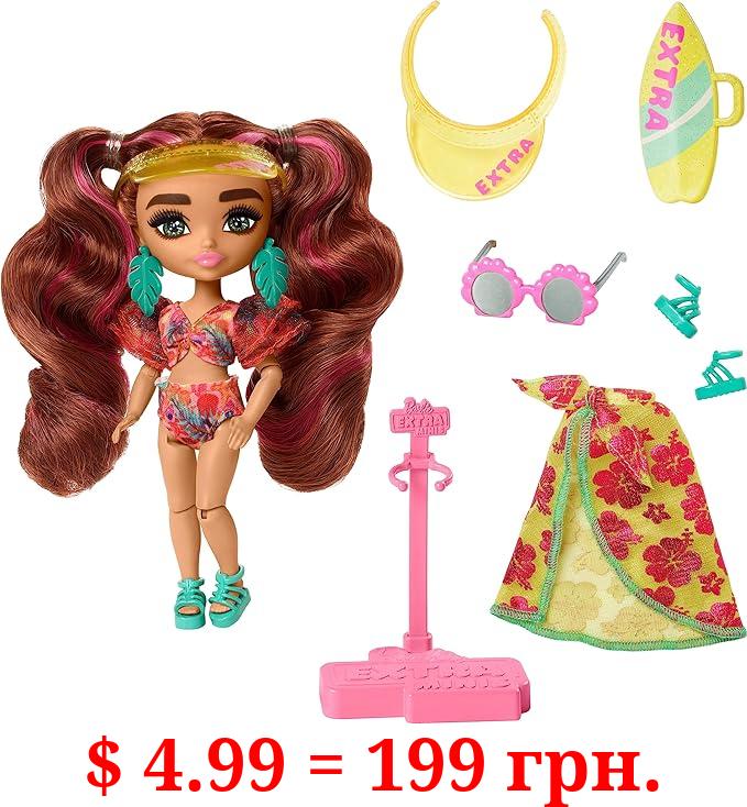 Barbie Extra Fly Minis Travel Doll, Beach Look with Pink-Streaked Pigtails in Swimsuit, Sarong & Accessories