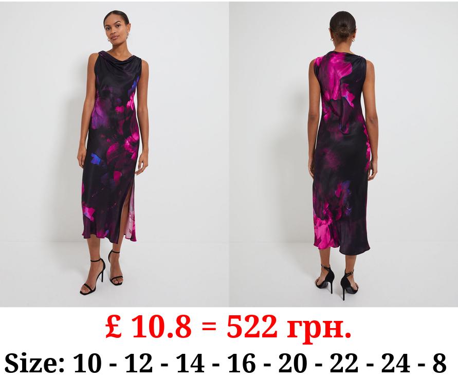 Floral Cowl Neck Bias Cut Satin Midi Dress