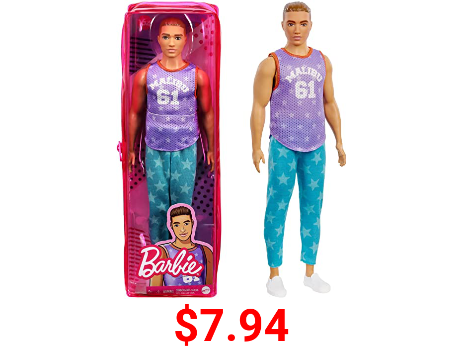 Barbie Ken Fashionistas Doll #165 with Sculpted Brown Hair Wearing Purple “Malibu” Top, Blue Starred Joggers & White Shoes, Toy for Kids 3 to 8 Years Old