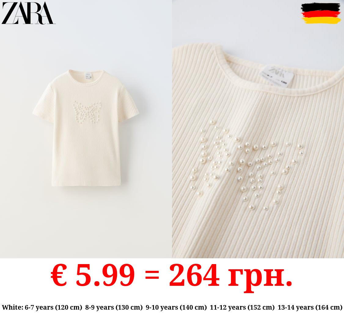 RIBBED T-SHIRT WITH FAUX PEARLS