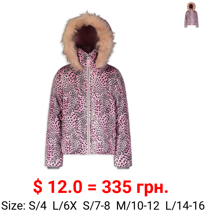 Jessica Simpson Girls Morgan Printed Puffer Jacket with Faux Fur Trimmed Hood Sizes 4-16