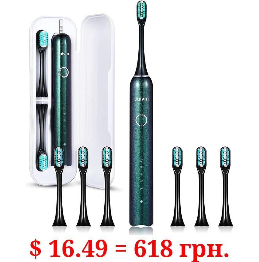 Juivin Sonic Electric Toothbrush for Adults, 5 Cleaning Modes, Smart Timer, 6 Brush Heads, Rechargeable Toothbrush with Travel Case, Up to 200 Days for 1 Charge, Silent Electric Toothbrush (Green)