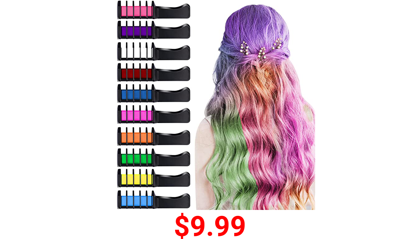 10 PCS Hair Chalk Comb, TOROKOM Temporary Bright Washable Hair Color Comb Mini Hair Chalk for Girls Age 4 5 6 7 8 10 Kids Non Toxic Hair Color Dye for Cosplay Halloween Christmas DIY Hair Color(Multi Color)