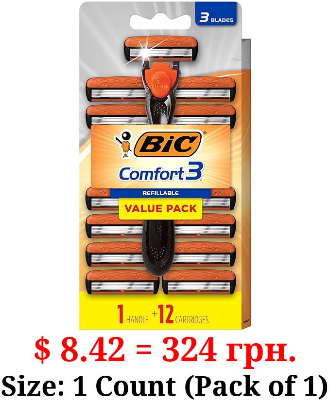 BIC Comfort 3 Refillable Three-Blade Disposable Razors for Men, Sensitive Skin Razor for a Comfortable Shave, 1 Handle and 12 Cartridges With 3 Blades, 13 Piece Razor Kit