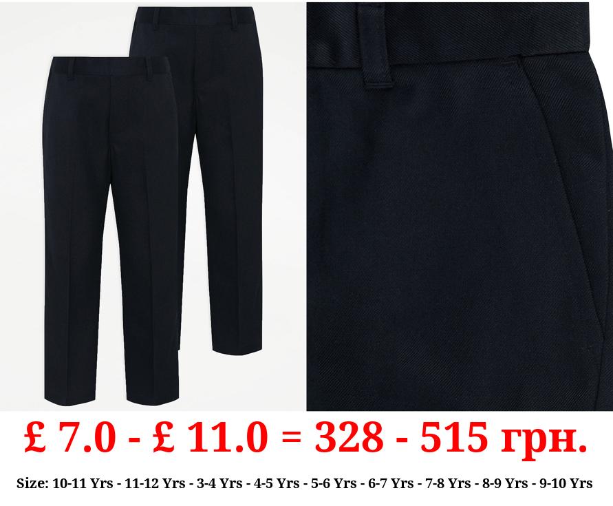 Boys Navy Half Elastic School Trousers 2 Pack