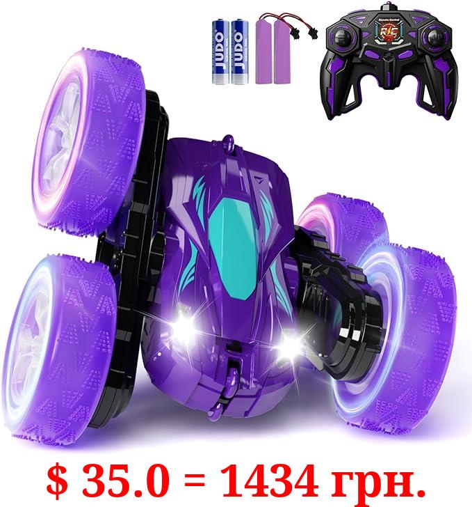 28℃ Remote Control Car for Boys, Drift High Speed RC Cars, 4WD 2.4Ghz Rechargeable RC Truck with Double Sided 360 Flips and Headlights Wheel Lights, Off-Road Stunt Toy Car for Kids Boy Girls (Purple)