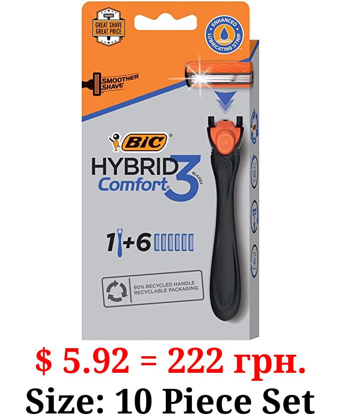 BIC Comfort 3 Hybrid Men's Disposable Razor, 3 Blades, 6 Cartridges and 1 Handle, Black, For a Close and Comfortable Shave