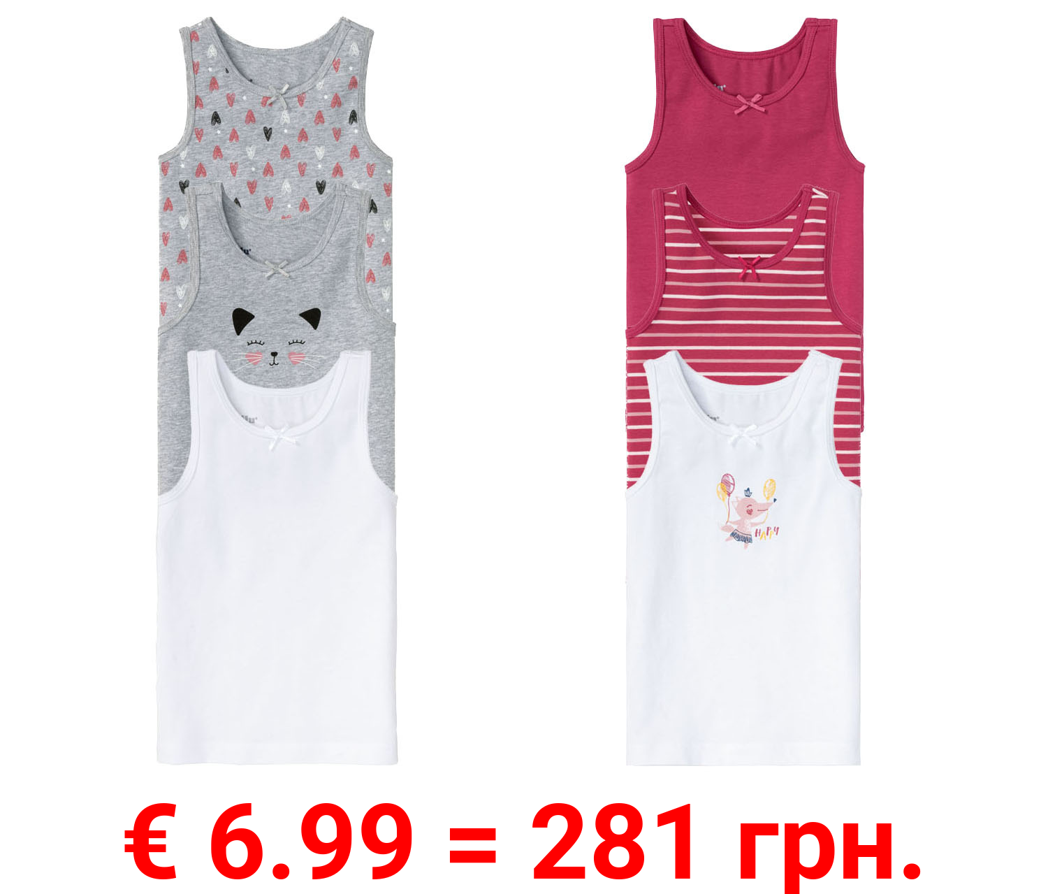 lupilu® Kleinkinder Mädchen Unterhemd, 3 Stück, mit hohem Baumwollanteil