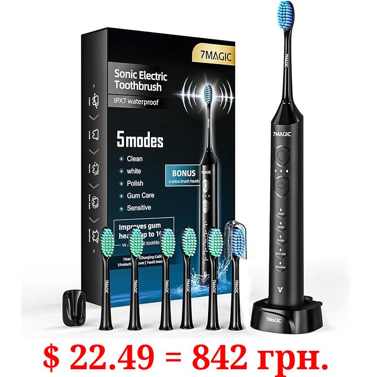 Electric Toothbrush for Adults, Sonic Toothbrush with 3 Intensity Levels & 5 Modes, One Charge for 60 Days, Rechargeable Electric Toothbrush with 6 Toothbrush Heads & 40,000 VPM Deep Clean(Black)