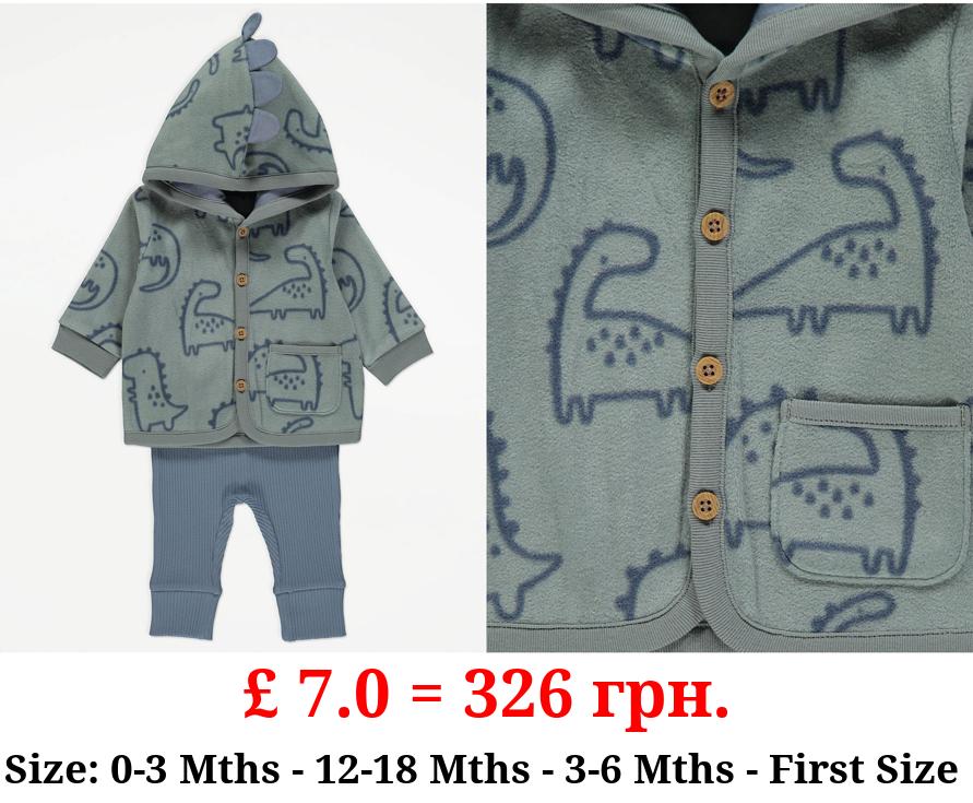 Khaki Dinosaur Fleece Jacket and Ribbed Leggings Outfit