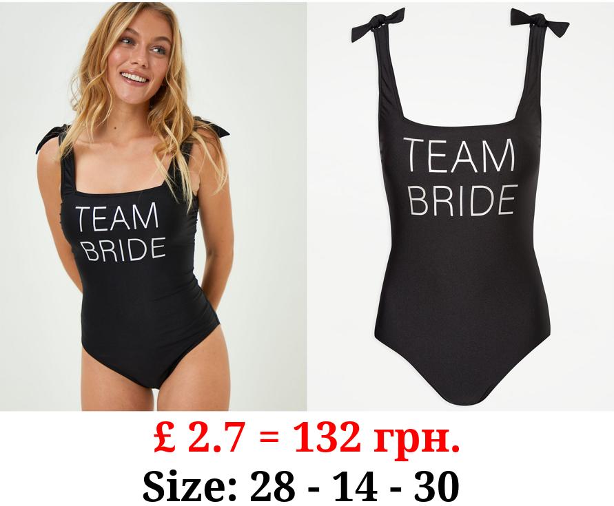 Black Team Bride Slogan Print Swimsuit