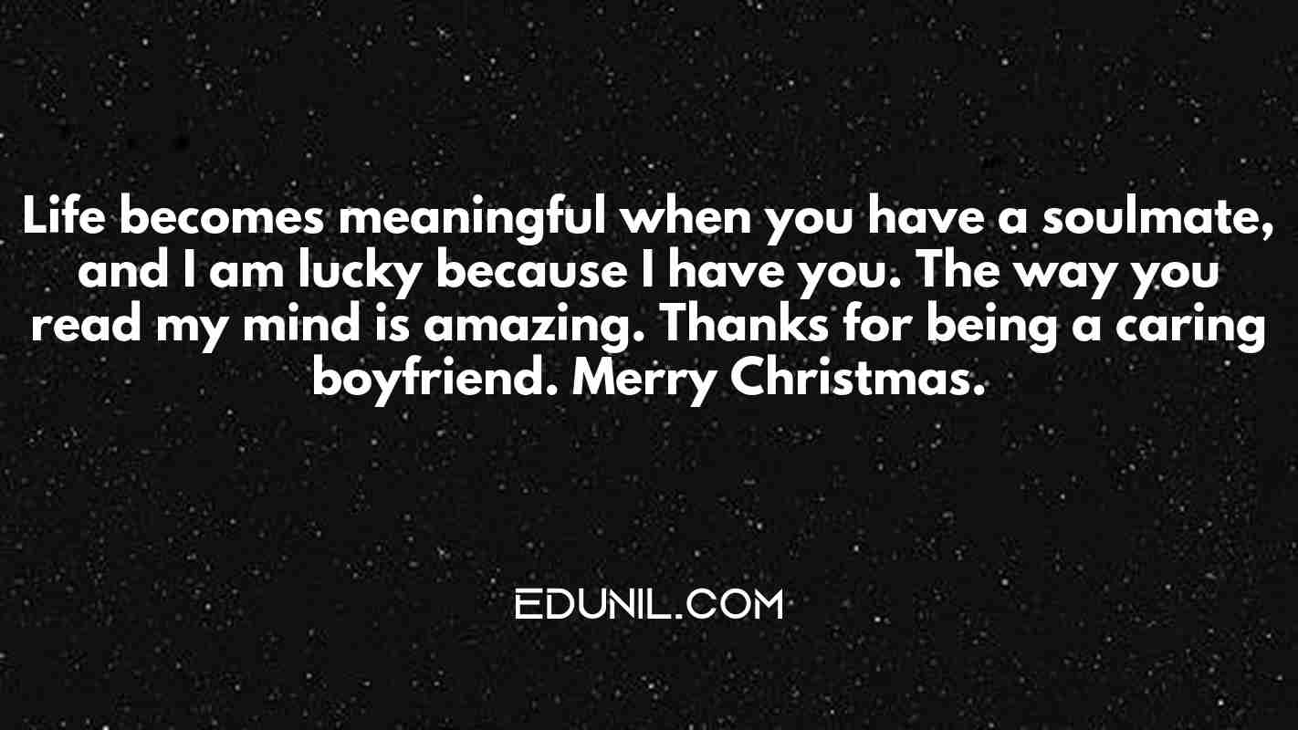 Life becomes meaningful when you have a soulmate, and I am lucky because I have you. The way you read my mind is amazing. Thanks for being a caring boyfriend. Merry Christmas. - 
