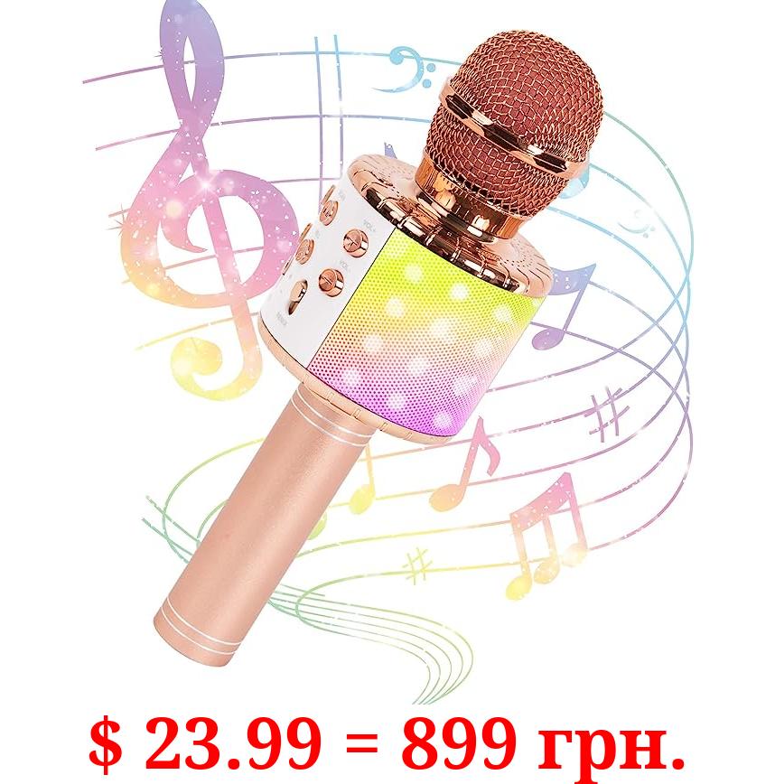 JMFinger Karaoke Microphone for Kids and Adults, Wireless Portable Handheld Bluetooth Microphone with LED Lights - Best Gifts (Rose Gold)