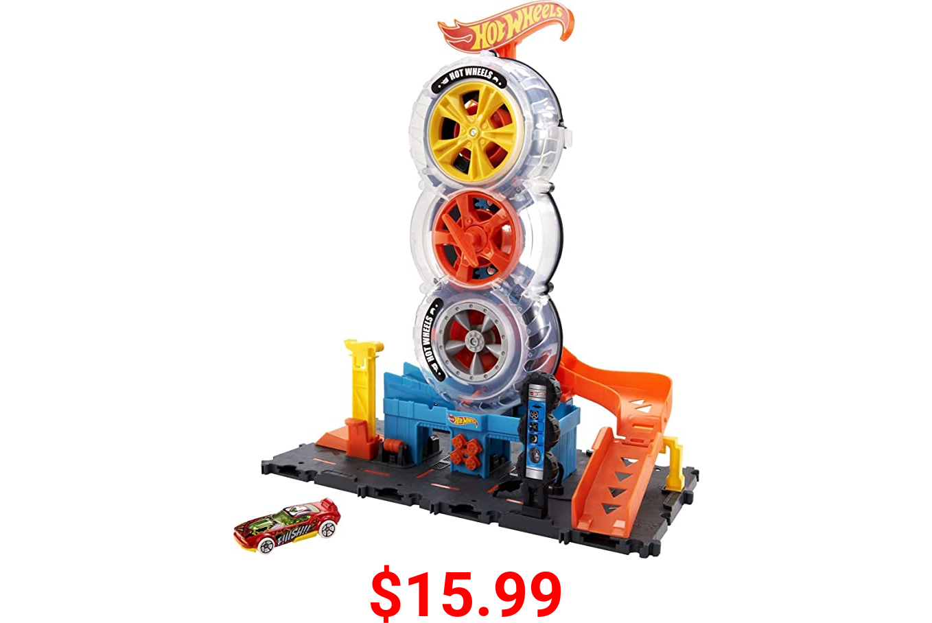 Hot Wheels City Super Twist Tire Shop Playset, Spin The Key to Make Cars Travel Through The Tires, Includes 1 Car, Gift for Kids 4 to 8 Years Old