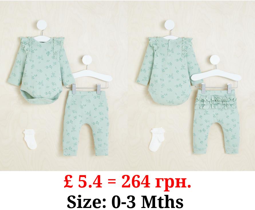 Billie Faiers Sage Green Ribbed Floral Bodysuit Trousers and Socks Outfit