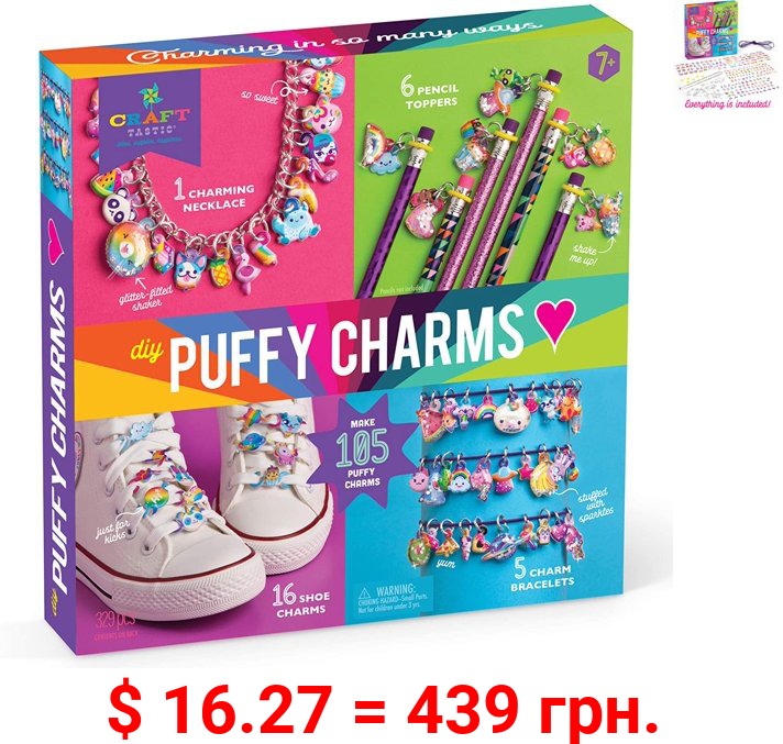 Craft-tastic DIY Puffy Charms Craft Kit - Design a Necklace, 5 Charm Bracelets, 6 Pencil Toppers & 16 Shoelace Charms with 210 Puffy Stickers - Fun Activity for Kids, Creative Arts & Crafts Gift