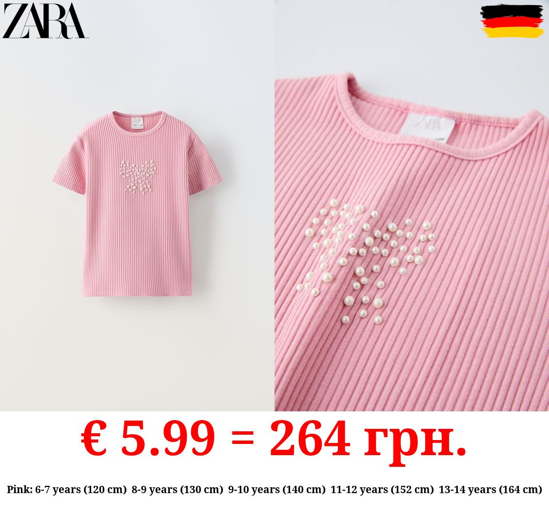 RIBBED T-SHIRT WITH FAUX PEARLS