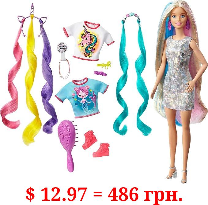 Barbie Fantasy Hair Doll & Accessories, Long Colorful Blonde Hair with Mermaid and Unicorn-Inspired Clothes