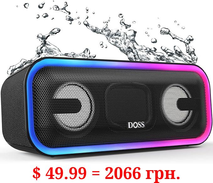 Bluetooth Speaker, DOSS SoundBox Pro+ Wireless Pairing Speaker with 24W Stereo Sound, Punchy Bass, IPX6 Waterproof, 15Hrs Playtime, Multi-Colors Lights, for Home,Outdoor-Black