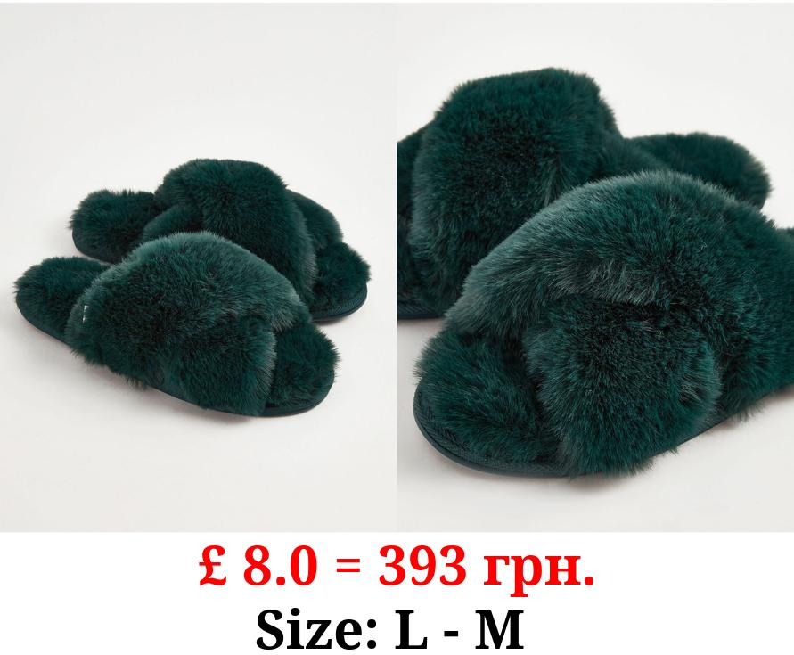 Dark Green Faux Fur Slider Slippers