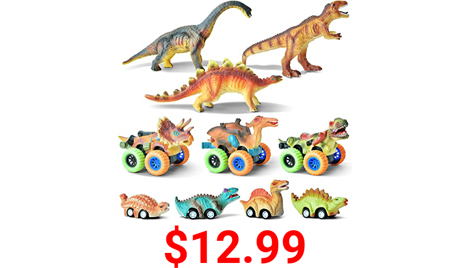 Dinosaur Toys, GizmoVine 7Pcs Pull Back Dinosaur Cars & 3Pcs Realistic Looking Dinosaurs for Kids Age 3-7 Boys Toy Cars Dinosaurs Party