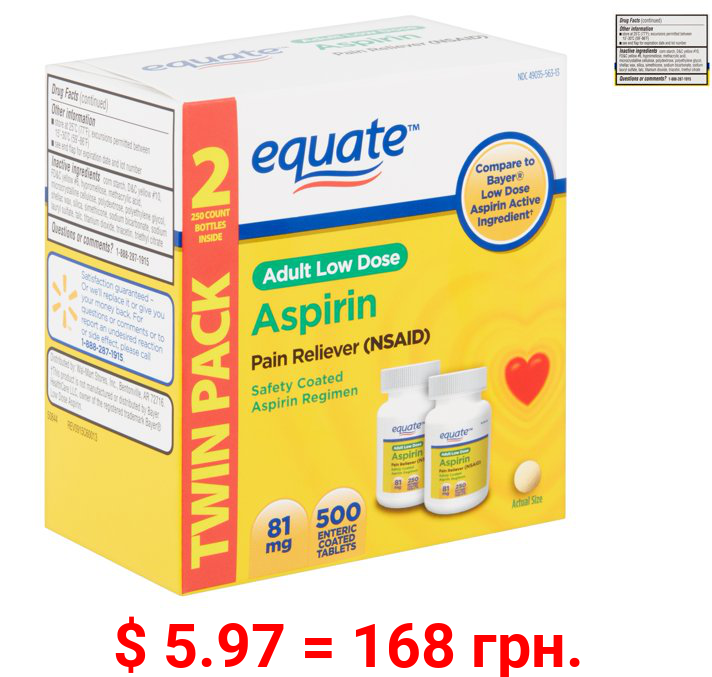 Equate Adult Low Dose Aspirin Enteric Coated Tablets, Twin Pack, 81 mg, 500 count