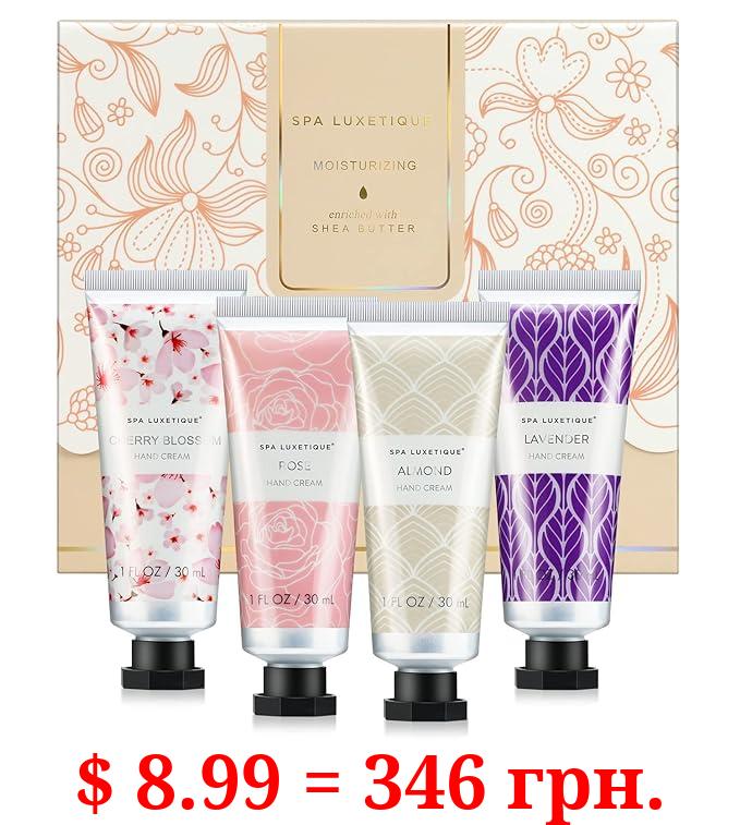 spa luxetique Hand Cream Set Pack of 4 Hand Cream Christmas Gift Set Enriched with Shea Butter and Glycerin for Dry Hands, Hydrating&Moisturing Travel Size Hand Cream, Gifts for Women, Birthday