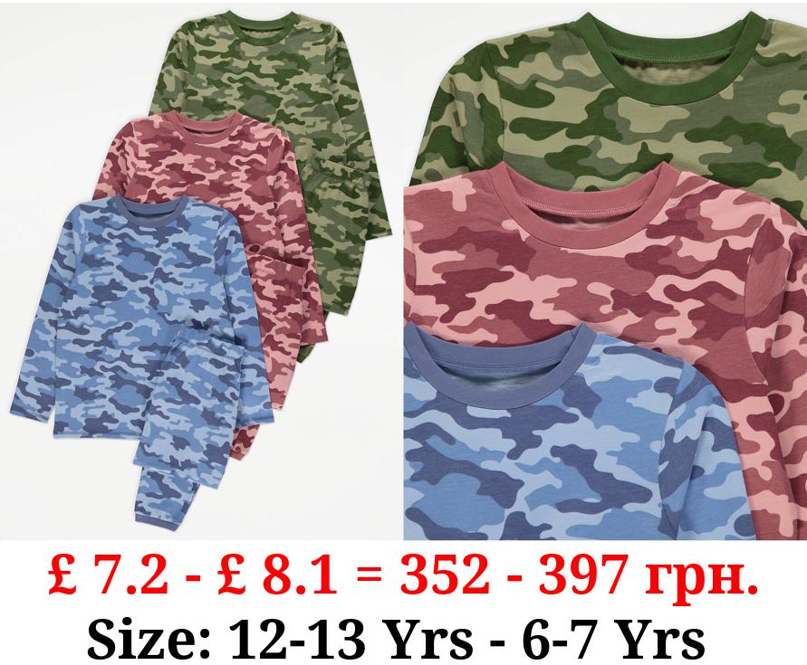 Camouflage Long Sleeve Pyjamas 3 Pack