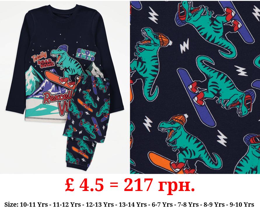 Navy Snowboarding Dinosaur Pyjamas