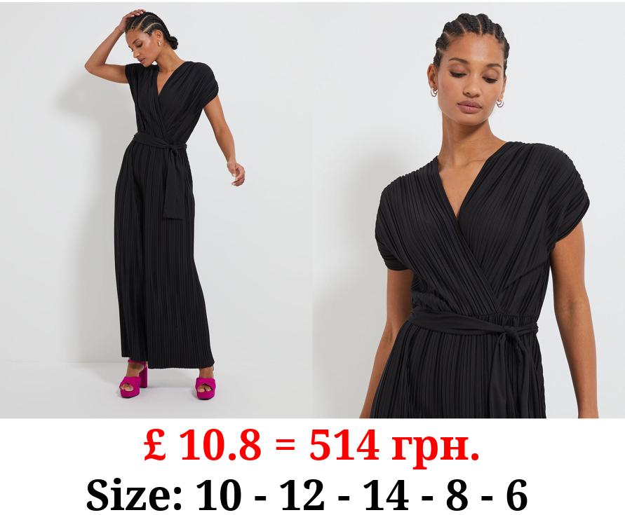 Black Plisse Belted Jumpsuit